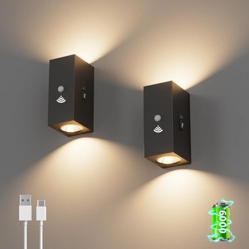 Aipsun 2 piezas LED recargable luz de pared con detector de movimiento negro, 6000mAh, lámpara de pared inalámbrica con 3 modos, 6W 2700K para escaleras, pasillo, sala de estar, dormitorio, garaje