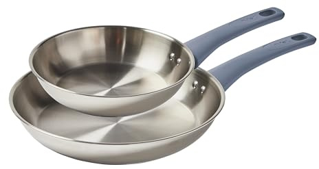 T-fal Essentials Stainless Steel Cookware Set, 2-Piece 8 and 10.5, Induction Compatible, Oven Safe 350F, Pots and Pans Set, Cooking Skillets, Cookware, Kitchen Frying Pans, Silver/Blue