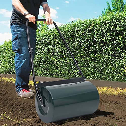Brokky Lawn Roller Green and Black 63 cm 50 L-Heavy Duty Garden Grass Lawn Roller - Large Water or Sand Filled Drum,Galvanized Steel Construction,Scraper Bar & Collapsible Handle for Levelling Uneven