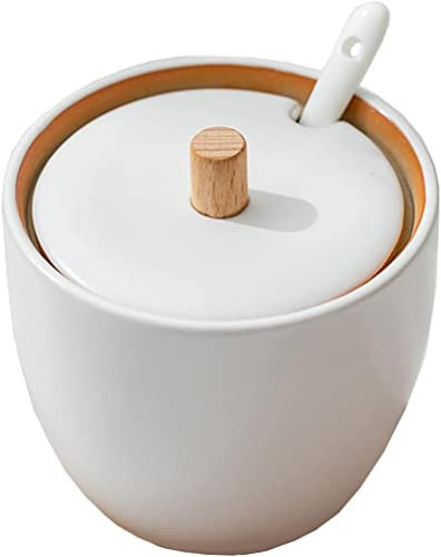 tazón de cerámica de azúcar, Azucarero de cerámica blanca, tarro for especias, bote for condimentos con tapa y cuchara(8 * 9cm)
