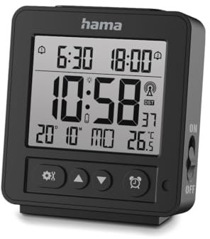 Hama Reveil Numérique LDC (Mini Réveil Radio-Piloté DCF, 2 Alarmes avec Acceleration, Snooze, Date, Température, Rétroéclairage avec Capteur, Réveil de Voyage Compact, Horloge de Bureau) Noir