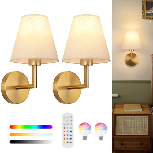 CANEOE Akku Wandleuchte Kabellose 2 Set, Batterie Wandleuchten Innen mit Stoffschirm,Wohnzimmer Wiederaufladbarem Wandleuchte mit 5000mAh Abnehmbare Aufladbare Glühbirne(Gold)