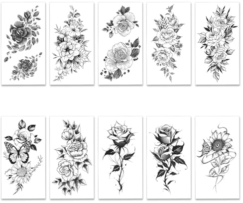 Temporäre Tattoos Sexy Rosenblume Temporäre Tattoos Große Sexy Blumen Kollektion Wasserdichtes Temporäres Tattoo 3D Blüten Lady Schulter Tattoos für Frauen und Männer