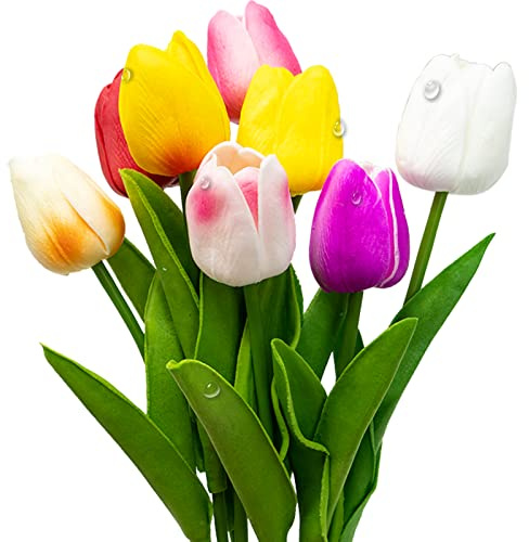 Lot de 8 tulipes artificielles comme de vraies tulipes artificielles réalistes en latex - Fleurs artificielles - Bouquet de fleurs pour la maison, la décoration de la pièce, une fête, un mariage -