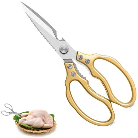 Forbici da Cucina Resistenti,5 in 1 Trinciapollo Multifunzionali in Acciaio Inox,25cm Impugnatura Ergonomica e lame in titanio,per Casa Uso,Osso di Pollo,Carne,Verdura,Pollame,Pesce,Erbe,Noci,Oro