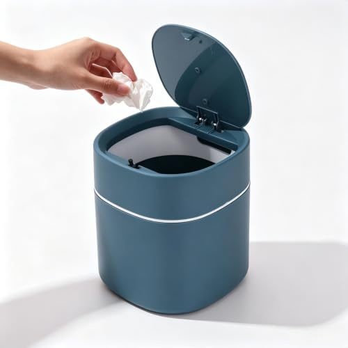 Mini Poubelle de Bureau Plastique Table ABS PP Poubelle à Pression Bleu | Poubelle Corbeille à Papier Mini Petite Comptoir Anti-odeurs Nettoyage avec Couvercle pour Lavabo Cuisine Salle Bain Bureau