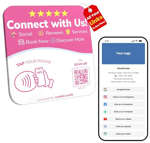 NFC Plate QR Code Sign–Multi Display: Social Media Sign & Google Review Tap Card–Connect Instagram, Facebook, Follow & Review Us, Booking–Business Display holder with Stand & Adhesive–No App, No Fees