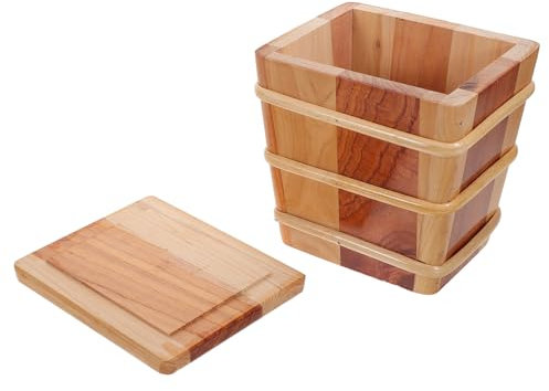 POPETPOP Cubo de Arroz de Madera con Tapa, Color Café, Cuadrado