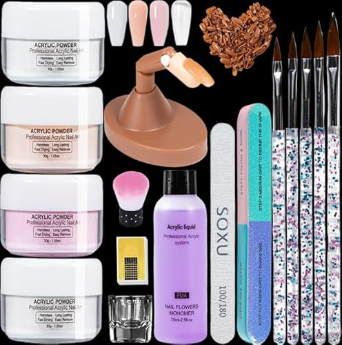 Acryl Nägel Starterset: 4 Farbiges Acrylpulver für Nägel - Übungshand für Nageldesign mit 100 Nageltips für Gelverlängerungen - Kleine Nagellampe mit 75 Ml Monomer für Acryl Pulver Nails