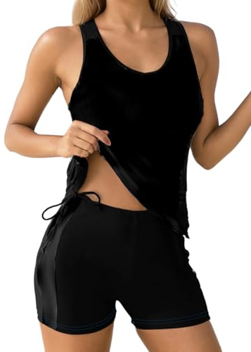 Dokotoo Women's Tankini Sets Two Piece Tops with Shorts Swimsuits for Women Bathing Suits Floral Printed Beach Vacation Clothes Tummy Control Swimwear Womens Swimsuit Black M