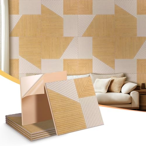 Laapee Acoustic Wall Panels 6-Pack (23.6x23.6in Each) - 25dB Noise Reduction, Self-Adhesive Brown | Wood Grain Decor, No Tools DIY for Studio, Home Office, Bedrooms(Beige)