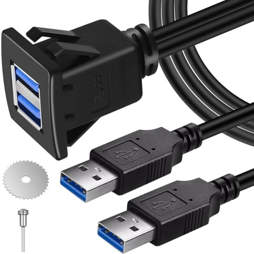 DAOKAI USB Panel Flush Mount Cable,Square Dual Port USB 3.0 Extension 1M/3ft Pure Copper with Buckle Dash Mount for Car Truck Boat Motorcycle Dashboard