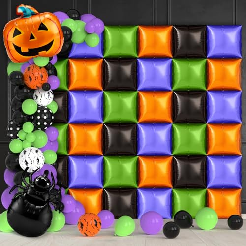80Pcs Halloween Black and Orange Square Foil Balloons Wall Backdrop Halloween Balloons Garland Arch Kit Pumpkin Spider Foil Balloon Double Sided Purple Green Balloon Tunnel for Party Decorations