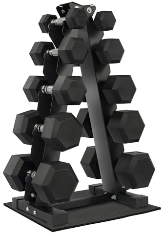 Fitvids Rubber Encased Hex Dumbbell Weight Set and Storage Rack, 150 LB (5-25lbs Pairs)