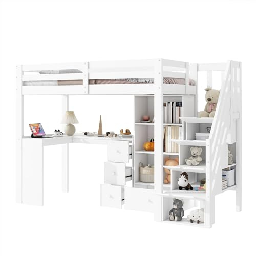 Hochbett mit Schreibtisch Treppenregal Schubladen und offenem Lagerschrank, integriertem Arbeitsplatz und Stauraum,platzsparendes mit sicherem Geländer und Aufbewahrungsleiter (Weiß,90x200cm)