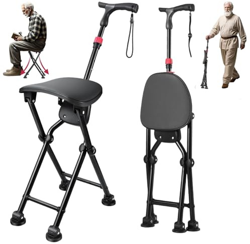 Bastones plegables con asiento para hasta 180 kg, permite la longevidad al caminar y sentarse cómodamente, asiento portátil de aluminio antideslizante, bastón de altura ajustable