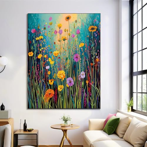 Moderne Bilder Wohnzimmer Poster 50x70cm Hochformat, Natur Blumen Gras Wildblumen Mehrfarbig Leinwand Bilder Deko, Wandbilder für Wohnzimmer Schlafzimmer Ohne Rahmen