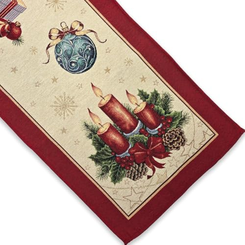 Runner da Tavola Natalizia in tessuto Gobelin Piazzato, Runner con motivo natale, Centrotavola Natalizio, Decorazioni Natalizie per Tavola, 100% Made in Italy (Candela, Runner 35 x 95 cm)