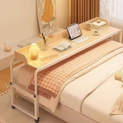 GUAWJRZDP Verstellbarer Überbetttisch mit Rollen, Höhenverstellbarer Bettschreibtisch, Betttisch Für Kingsize-Betten, Rollbarer Beistelltisch Für Laptop Und Zum Schreiben(Natural,L 140CM/55.1IN)