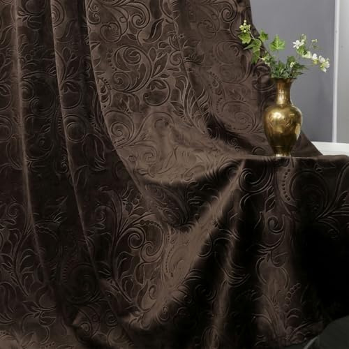 IRONDELIC 2er Set Samtvorhang Kräuselband Blumen Muster H224xB132CM, Braun Luxus Verdunkelung Samt 3-in-1 Aufhängung Thermovorhang Kälteschutz für Wohnzimmer Schlafzimmer, 260gsm Blickdicht Gardinen