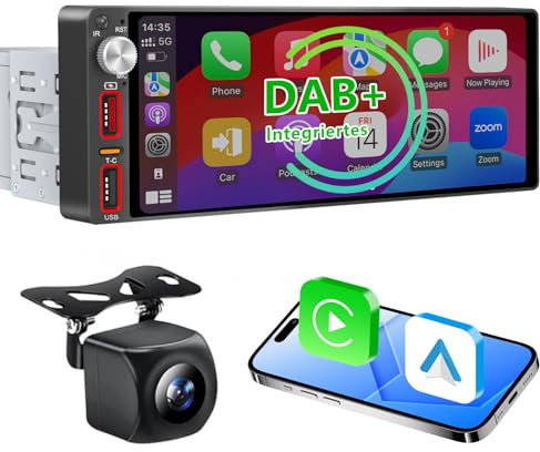 6,9 Zoll 1 Din Autoradio mit drahtlosem CarPlay & Android Auto, Bluetooth, Full-Touch-Autoradio-Display FM, DAB+，Free Rückfahrkamera