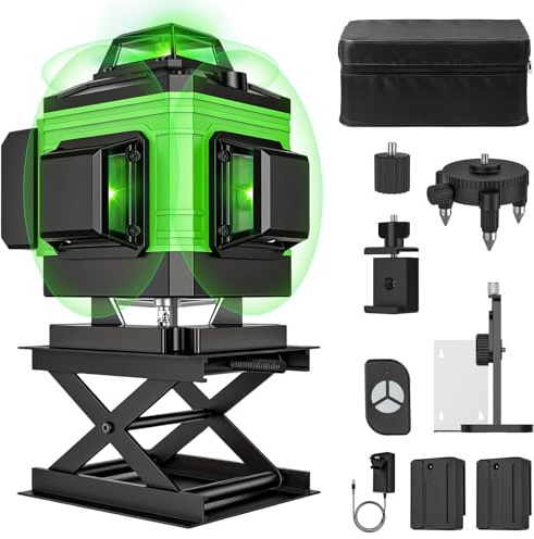 Laser Level Self Leveling 4 x 360°,16 Lines High-Precision Laser Level,2 x 2400mAh Batteries,Swivel Base,Adjustable Brightness,Pulse Mode,Wall Bracket,Remote Control,IP54 (Tripod not Included)
