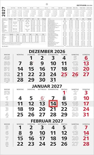 3-Monatskalender schwarz/rot 2027: Wandkalender 30x49 cm mit 3 Monaten pro Blatt, Datumschieber, Wochenzählung, Feiertagen & Ferien ideal für Büro & Homeoffice