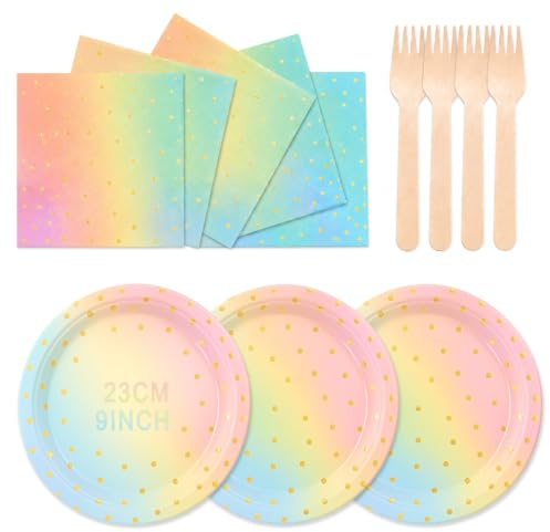 ZblPyro Arcoíris Oro Vajilla Desechable Cumpleaños para 24 Personas | 23cm platos desechables, servilletas, tenedores de madera, Orgullo, cumpleaños infantiles, celebraciones del Jubileo