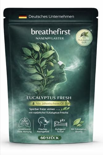breathefirst Näsplaster med eukalyptusolja – 60 stycken | Stöder fri näsandning | frisk andning dag och natt | perfekt för sport, sömn och rinnande