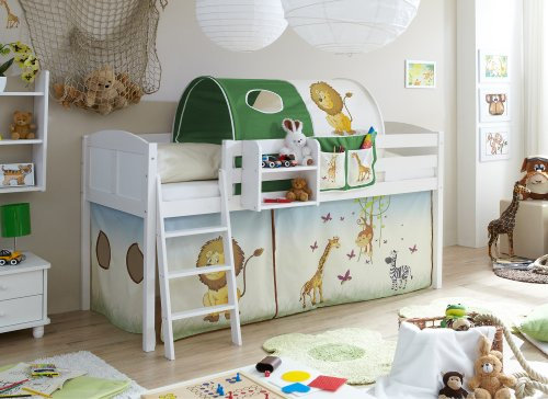 Hochbett Spielbett Eric Landhaus Kiefer massiv Weiss, Vorhangstoff:Safari