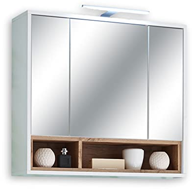 MILANO Spiegelschrank Bad mit LED-Beleuchtung in Wildeiche Optik, Weiß Hochglanz - Badezimmerspiegel Schrank mit viel Stauraum - 80 x 72 x 20 cm (B/H/T)