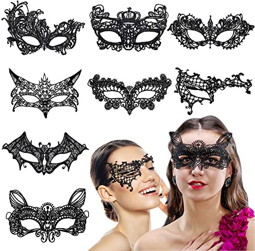 Damen Spitze Augenmaske, 8 Stück Venezianische Masken Sexy Lace Masquerade Maske Schwarz für Christmas Karneval Party Kostüm Ball