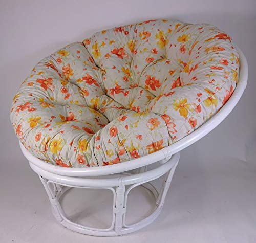 Rattan Papasansessel,Papasan Durchmesser 110 cm, Fb. weiß lackiert, Polster Mirha Leinen Flower