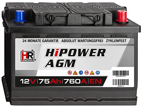 HR HiPower AGM Autobatterie 75Ah 12V 760A/EN VRLA Start-Stop geeignet, Lange Lebensdauer dank geringer Selbstentladung