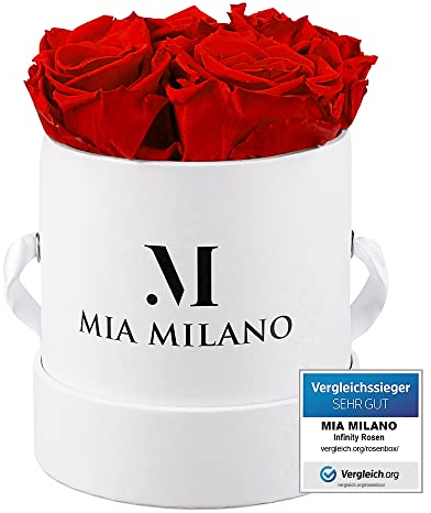 Infinity Rosen Rot für Sie - 5 Jahre haltbar | Geschenk für Sie Deko Rosenbox mit 4 echten konservierten Rosen | Handgefertigt in Deutschland