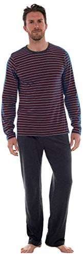 INSIGNIA Mens Pyjama Set Long Sleeve Top & Pants, XL, Charcoal -Red Stripe