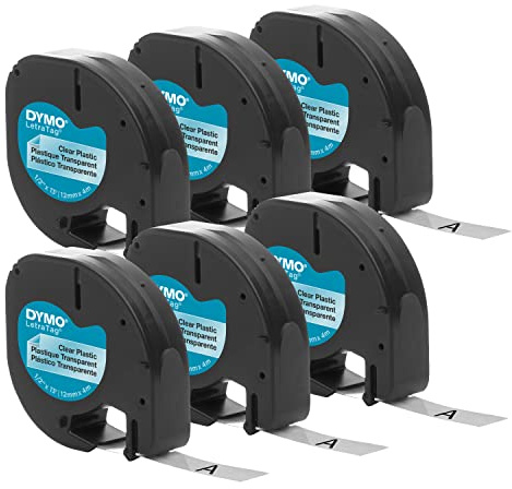 DYMO Authentisches LT Kunststoff-Beschriftungsband für LetraTag-Etikettierer, 12 mm, schwarzer Druck auf transparentem Klebeband, 6 Stück