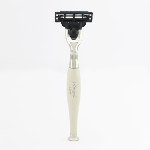 Haryali London 3 Blade Manual Razor for Men Women – OFF White Handle Cartridge Razor for Smooth Beard & Mustache Shaving – Traditional Wet Shaving Gift