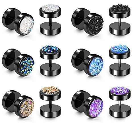 JSDDE 12er Chirurgenstahl Fake Plugs Ohrstecker Ohrläppchen Plugs Fake Ohrringe mit Funkelnd Kreis Ohr Cheater Tunnel Barbell Ohrpiercing für Damen Herren