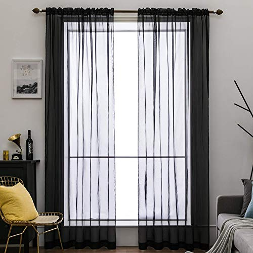 MIULEE Vorhänge Gardinen, Stangendurchzug Schwarz, 2er Set 215x140cm | Transparente Gardine aus Voile, Luftig Leicht, Einfarbig Dekoschal für Wohnzimmer & Schlafzimmer