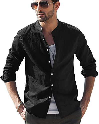 LVCBL Camisa de verano estilo Henley de manga larga para hombre, camisa de lino, corte regular, camisas para hombre, 02negro, XL