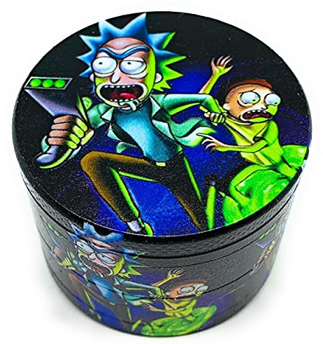 Grinder Rick e Morty in 50 mm 4 pezzi macinini per spezie in lega di zinco resistente, resistente, DAMS, trituratore di erbe essiccate con spatola per polline, coperchio magnetico