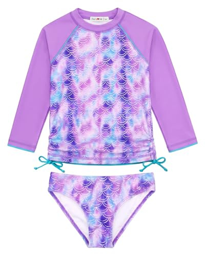 weVSwe Toddler Girls Rash Guards UPF 50+ 2 Pieces Swimsuit Set Long Sleeve Bathing Suits Sun Protection Purple Fish Scales 7-8 Years