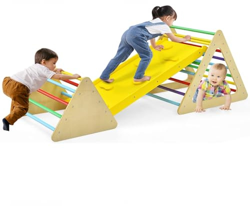 Costzon Climbing Toy for Toddlers, 3 Piece Montessori Wooden Triangle Climber w/2 Triangle Ladders & Double-sided Ramp for Sliding & Climbing, Kids Boys Girls Indoor Gym Playset Gift for Home, Daycare