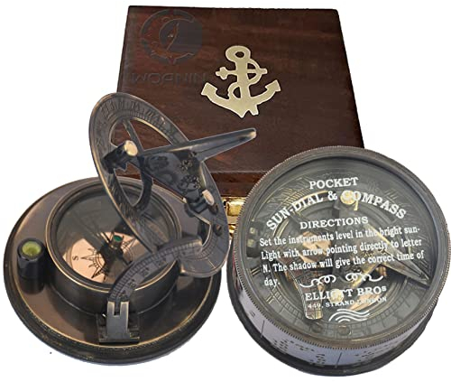 WOANIN Vintage Messing Sonnenuhr-Kompass - Gravierter direktionaler magnetischer Kompass für Navigation - Sonnenuhr Taschenkompass für Camping, Geschenk für Männer und Frauen