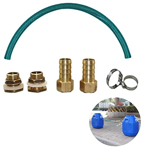 Regentonnen Verbindungsset 3/4 Zoll | IBC Tankverbindung Regentonnendurchführung Aus Messing Für 2 Regentonnen | Verschraubung Faßverschraubung | Schlauch 19mm Innen, Verbindungsschlauch 0.5m