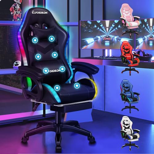 ELFORDSON Gaming Chair with 8-Point Massage LED Light, Computer Office Chair with Footrest 82cm High Back 150° Recliner, PU Leather, Black