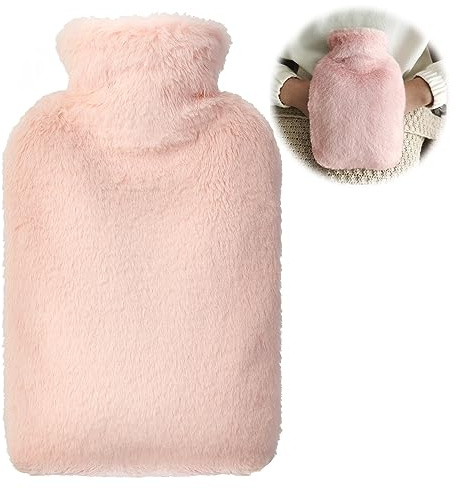 OVOOKER Varmvattenpåse med Mjukt Plyschlock - Spillsäker Varmvattenflaska på 2 Liter med Känguruficka, Värmepåsar för Barn och Vuxna som ger Värme och Komfort (Rosa)