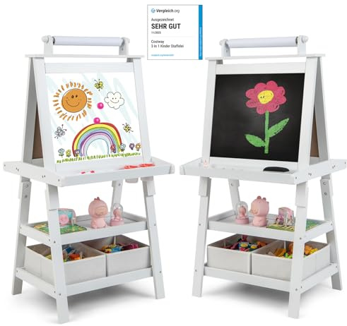 COSTWAY 3 in 1 Kinder Staffelei, Kindertafel doppelseitig, Whiteboard & Kreidetafel & Zeichenpapier, Standtafel inkl. Magneten, 2 Regalebenen Holztafel mit 2 Aufbewahrungsboxen (Beige)