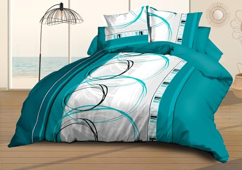 Le Linge de Jules Parure Drap Plat + Drap-Housse 140x190 + 2 Taies - Microfibre Douce et résistante - Entretien Facile - Roue-Libre Turquoise